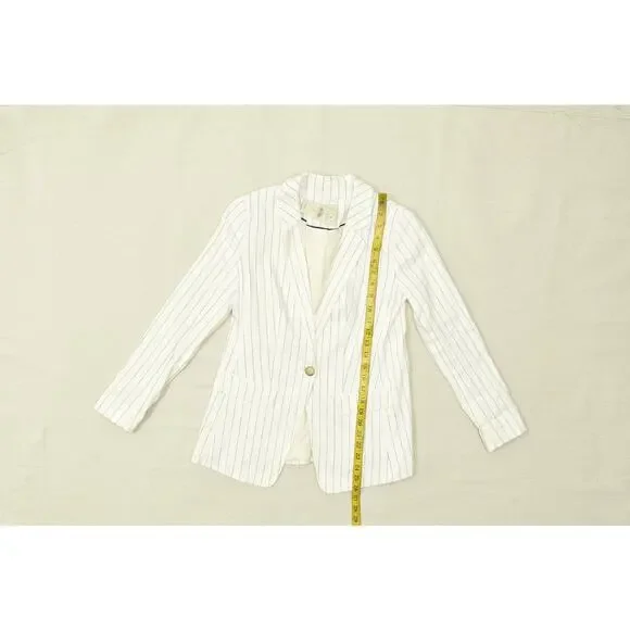 LOFT Petite Size 2P White Pinstripe Linen Blend One-Button Blazer - Picture 3 of 8